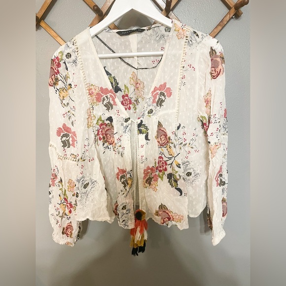Zara embroidered and floral print open tassel tie kimono top peasant sleeves - Picture 2 of 9